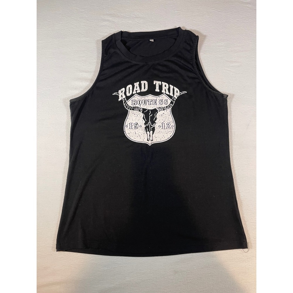 Road Trip Route 66 Graphic Tank Top Black Distressed Steer Skull Muscle Tee M